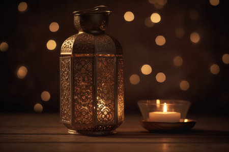 Lantern and candle on wooden table. Bokeh backgroundの素材