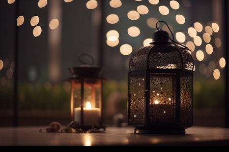 Lanterns on a wooden table in a dark room with lights.の素材