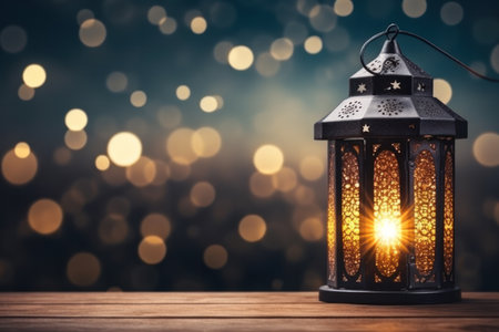 Lantern on wooden table with bokeh background. Ramadan Kareem conceptの素材