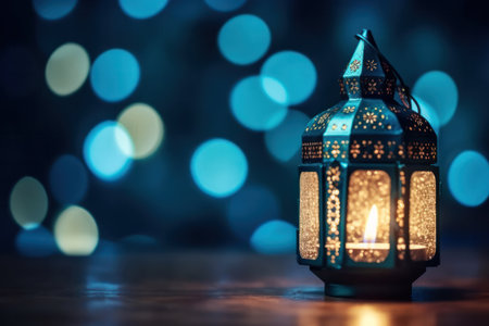 Lantern on wooden table with bokeh background. Ramadan Kareem concept.の素材