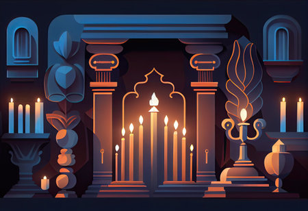 Vector illustration of a dark room with columns, columns and candles.の素材