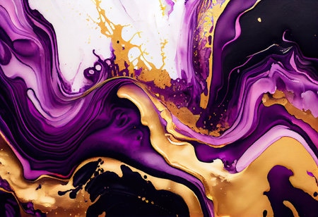 Marble abstract background with gold and purple stains. Liquid marble pattern.の素材