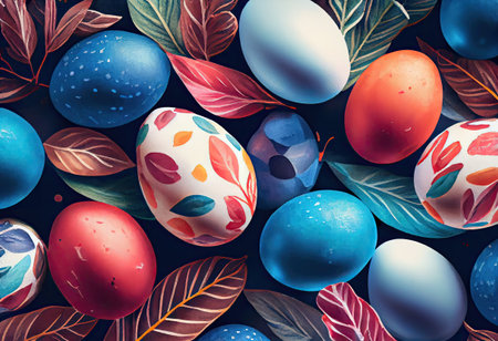 Easter eggs and leaves on dark blue background, flat lay.の素材