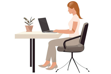 Woman sitting at the table and working on a laptop. Vector illustration.の素材
