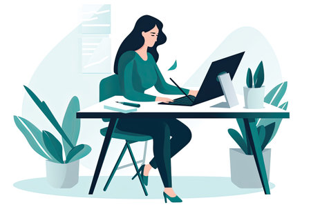 Business woman working at her desk. Vector illustration in flat style.の素材