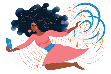 Vector illustration of a black woman with a laptop in her hands.の素材