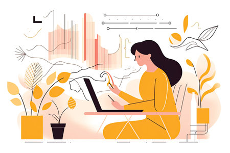 Young woman working on laptop at home. Freelance, remote work concept. Vector illustration in flat styleの素材