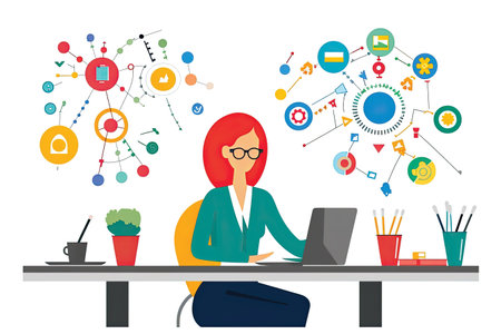 Vector illustration of a woman working at the office with a laptop.の素材