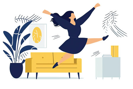 Young woman dancing in the living room. Flat style vector illustration.の素材