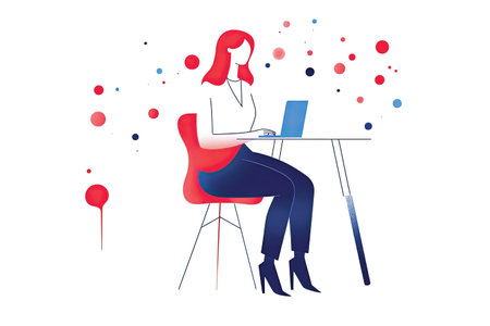 Girl sitting at a table with a laptop in her hands. Vector illustrationの素材