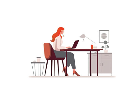 Businesswoman sitting at desk and working on laptop. Vector illustration in flat styleの素材