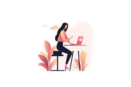 Freelance and remote work concept. Young woman working on laptop at home office. Vector illustration in flat styleの素材