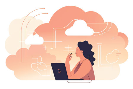 Vector illustration of a young woman working on a laptop in the cloudの素材