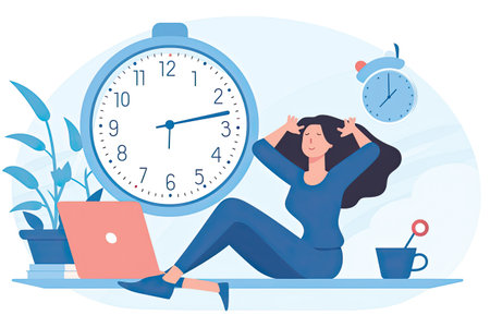 Young woman with a laptop on the floor in front of a clock. Vector illustration.の素材