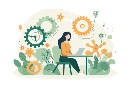 Vector illustration of a girl working on a laptop in the office.の素材