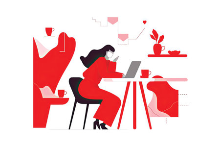 Vector illustration of a woman working on a laptop in a cafe.の素材