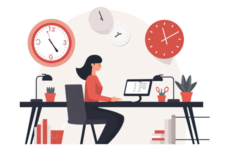 Businesswoman working on computer in office. Vector illustration in flat styleの素材