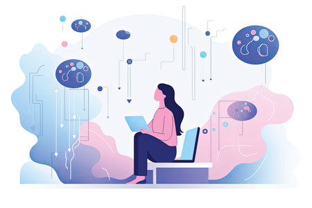 Vector illustration of a young woman working on a laptop in the office.の素材