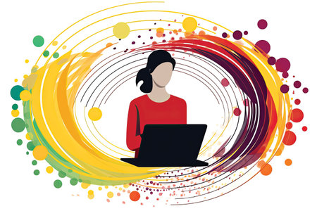 young woman with laptop computer and colorful circles around over white background, vector illustrationの素材