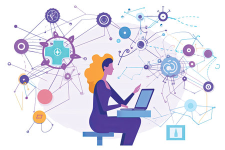 Vector illustration of businesswoman working on laptop computer. Flat style design.の素材