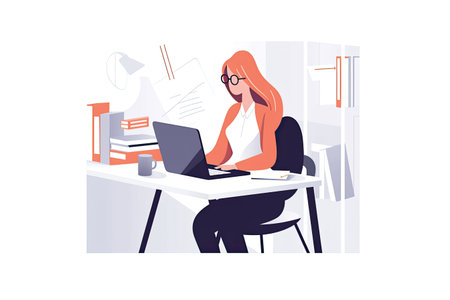 Freelance woman working on laptop at home. Freelance, remote work concept. Flat vector illustration.の素材