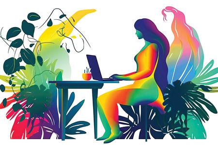 Woman working on a laptop in a tropical garden. Vector illustration.の素材