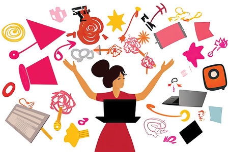 Illustration of a woman using a laptop and surrounded by different iconsの素材