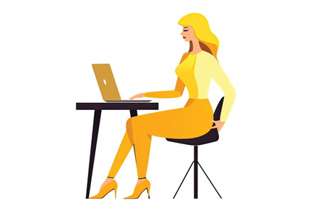 Businesswoman sitting at desk and working on laptop. Flat vector illustration.の素材