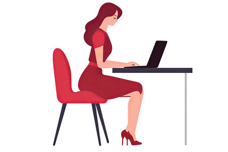 Vector illustration of a businesswoman working on a laptop in the officeの素材