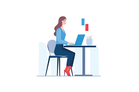 Businesswoman working on laptop at office desk. Vector illustration in flat styleの素材
