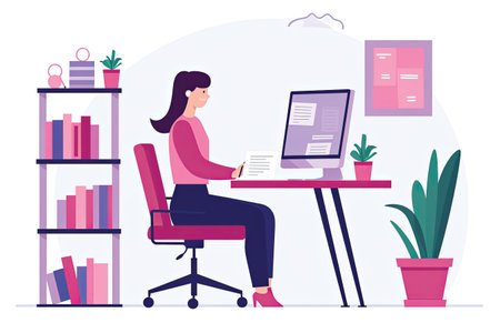 Woman sitting at desk in office and working on computer. Vector illustration in flat styleの素材