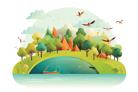 Landscape with lake, forest, mountains and birds. Vector illustrationの素材