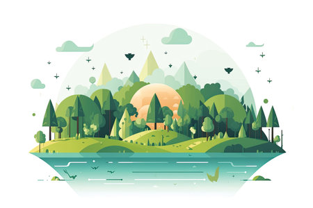 Landscape with river and forest in flat style. Vector illustration.の素材