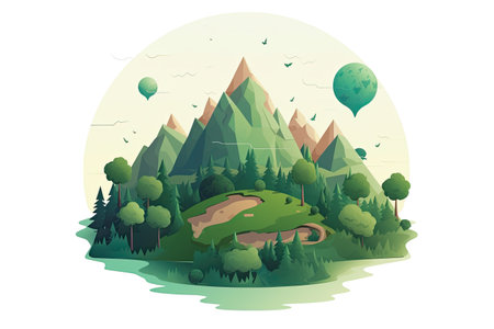 Landscape of mountains and forest in flat style. Vector illustration.の素材