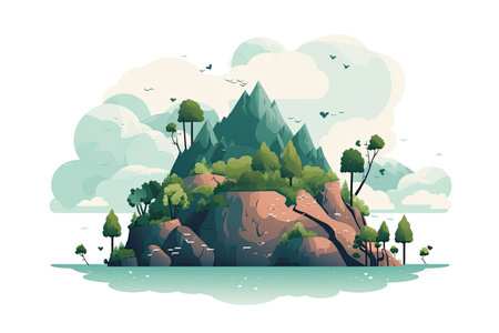 Landscape with mountains and trees. Vector illustration in flat style.の素材
