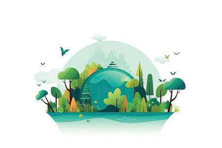 Ecology concept. Vector illustration of a green planet with trees and grass.の素材