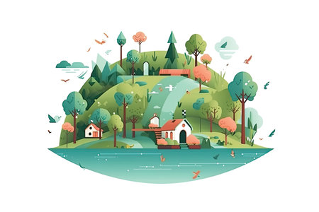 Countryside landscape with houses, trees and birds. Vector illustration.の素材