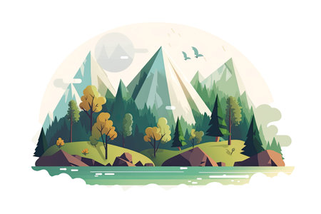 Mountain landscape. Vector illustration in flat design style. Forest and lake.の素材
