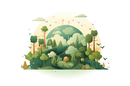 Nature landscape with forest and mountains. Vector illustration in flat style.の素材