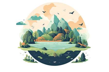 Landscape with lake, forest, mountains and birds. Vector illustration.の素材