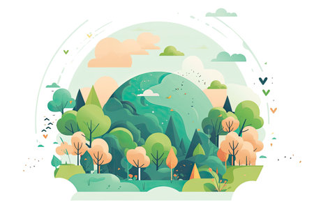 Flat design vector illustration concept of nature landscape with green trees, bushes and bushes.の素材