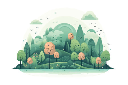Flat style vector illustration of a landscape with trees and lake.の素材