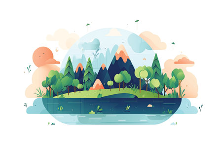 Landscape with lake, forest and mountains. Flat vector illustration.の素材