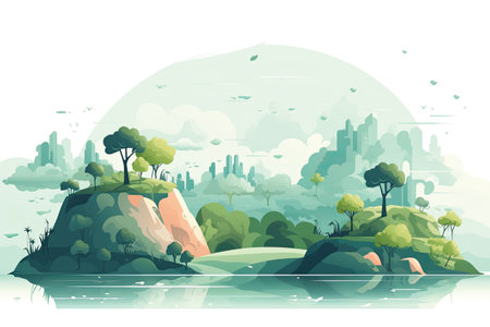 Landscape with lake, forest and mountains in flat style. Vector illustration.の素材