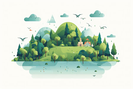 Vector illustration of a beautiful landscape with a church in the forest.の素材