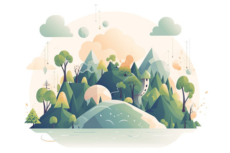 landscape with mountains, trees and clouds in flat style vector illustrationの素材