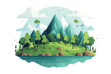 Nature landscape with mountains, trees and lake. Vector illustration in flat styleの素材