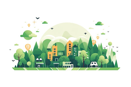 City landscape with green trees, houses and birds. Vector illustration.の素材