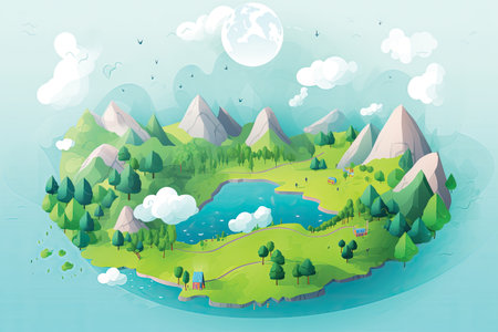 Landscape with mountain and lake in flat style. Vector illustration.の素材