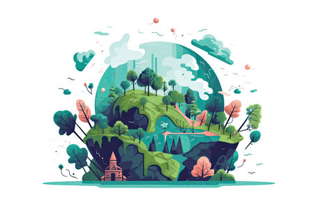 Vector illustration of a cartoon city landscape with green trees, bushes, pond, bridge, houses and mountains.の素材
